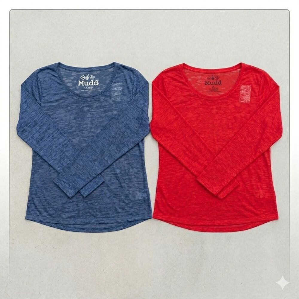 Lot 2 Mudd Juniors XL Long Sleeve Burnout T-Shirt Navy Blue Red NWT Scoop Neck